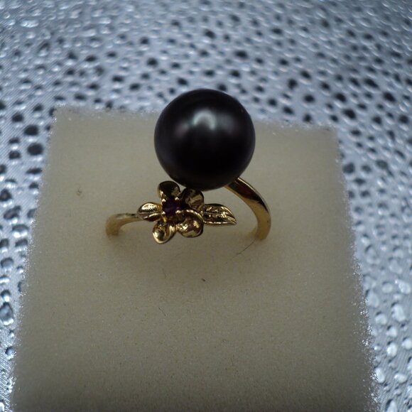 Tahitian Black Pearl 10mm red ruby accent YG over sterling silver ring 7 POS193 - Picture 1 of 5